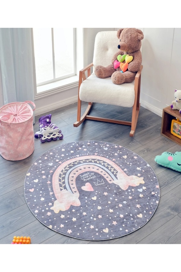 SZK STORE Çocuk Odası Halısı Oyun Matı Makinede Yıkanabilir Kaymaz Taban Leke Tutmaz Yuvarlak 120*120 Gökkuşağ