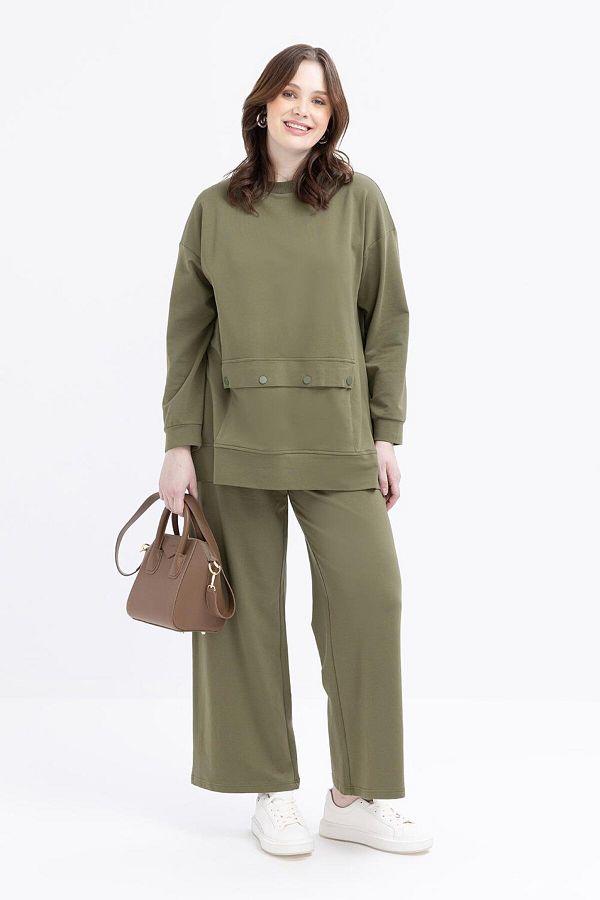 ALLDAY-Khaki-Big Pocket Side Zipper Lycra Large Size Tracksuit Set 1