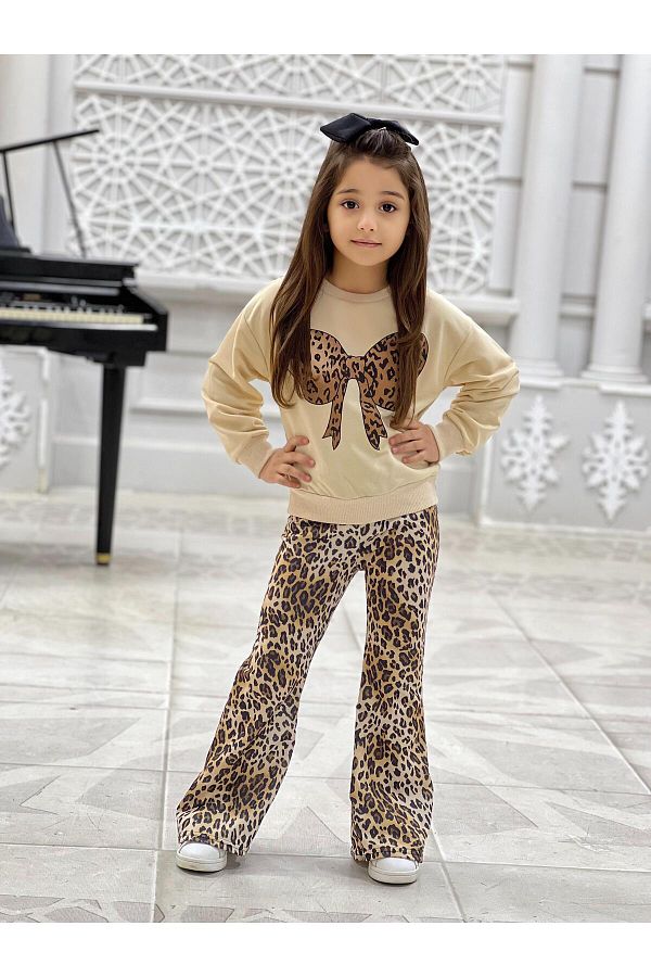 TRENDİMİZBİR-Girl's Leopard Patterned Bow Detailed Soft Textured Casual Style Top and Bottom Set 1