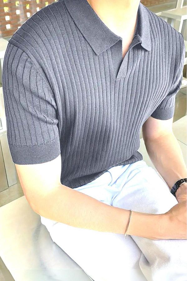 Oksit-Ανδρικό πλεκτό μπλουζάκι Lorens ριγέ Lycra Slim Fit Polo γιακά 1