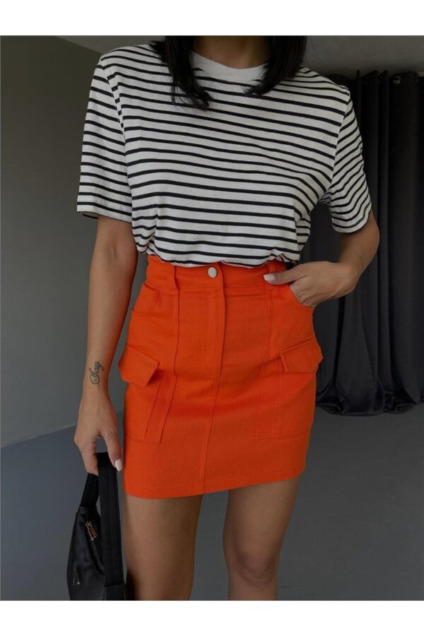 COTTONLAB-Gabardine Short Skirt with Pocket Detail - Orange 1