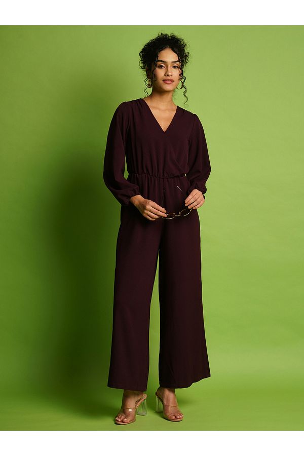 Globus By Styli-Solid V-Neck Balloon Sleeves Wide Leg Jumpsuit 1