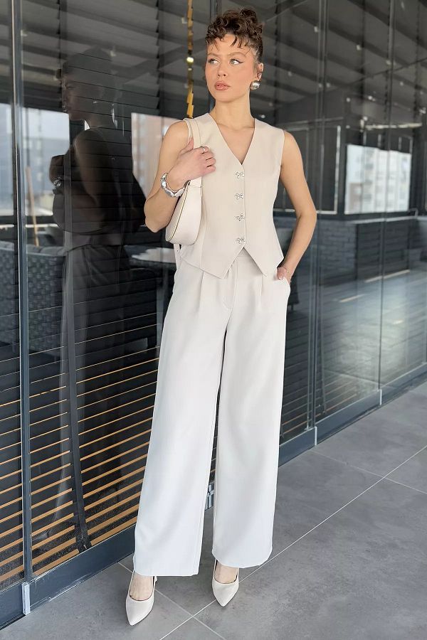 GÜLSELİ-Stone Button Detailed Lined Women's Vest Pants Double Set 1