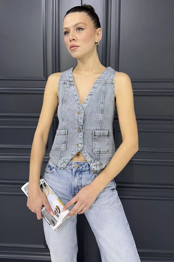 GÜLSELİ-Gray Women's Pocket Jean Denim Vest 1