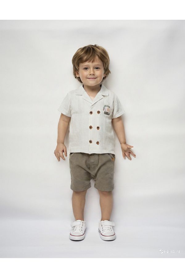 damdamin-Baby Boys Double Breasted Lapel Double Button Shirt & Cotton/Linen Shorts Set 1