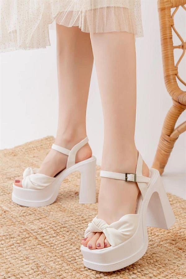 MODAMAİSA-Women's Sersi White Bow Strap (12 cm) Platform Heeled Shoes 1