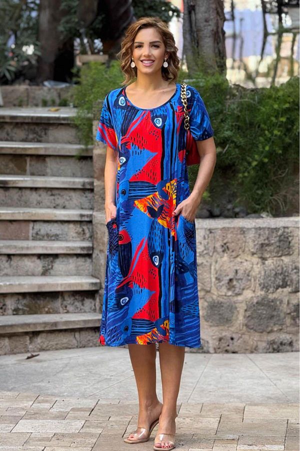 Nevin Kaya Moda-Red Gosek Patterned Combed Viscose Dress 1
