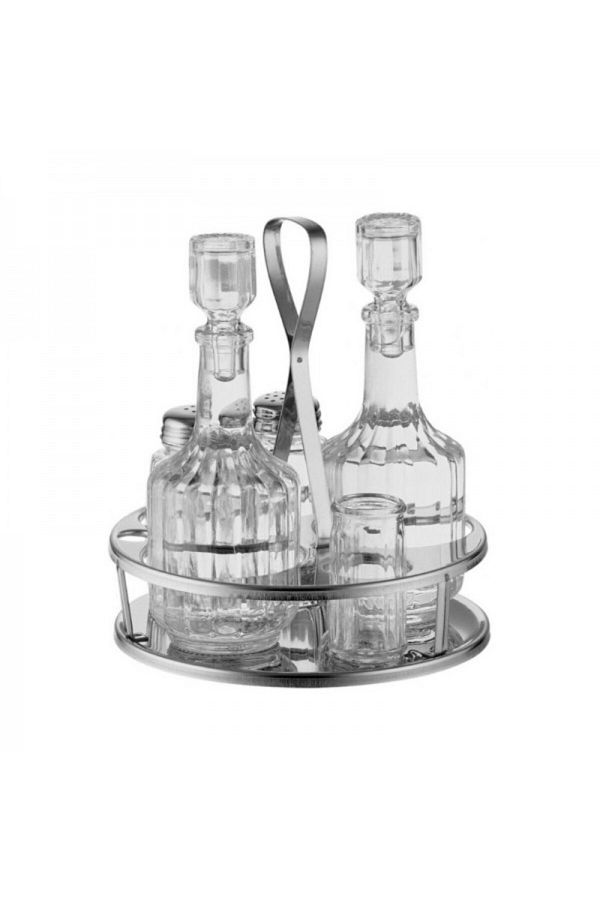 MORINI-Set pentru condimente cu 5 piese din sticla si suport din inox 1