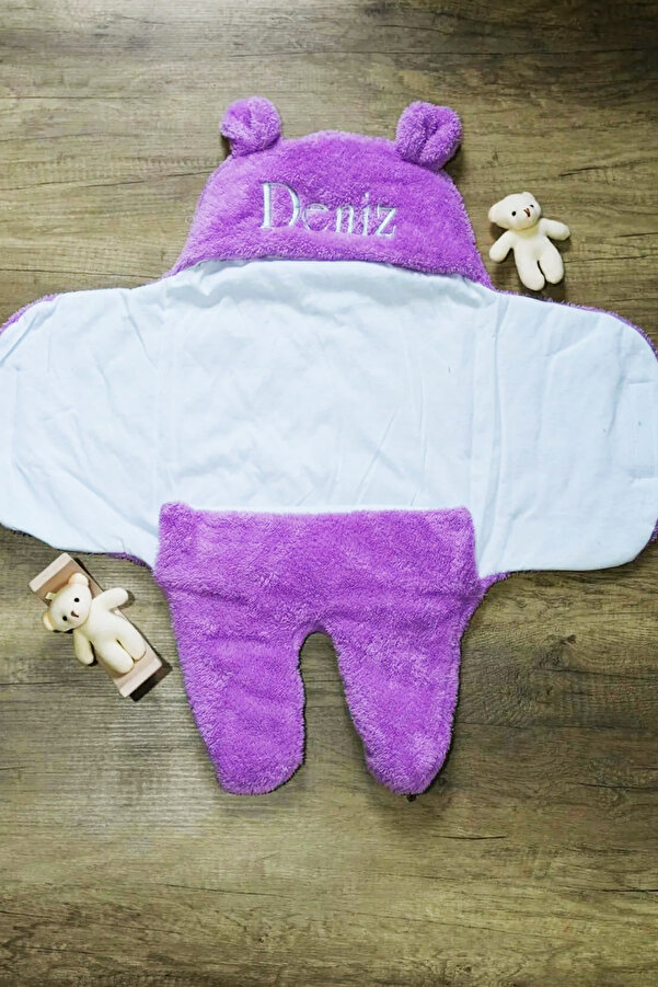 tinykiddesign Bebek Dış Kundak Uyku Tulumu Kişiye Özel Nakışlı Kıvırcık Wellsoft Peluş Ayıcık Kulaklı Lila Mor
