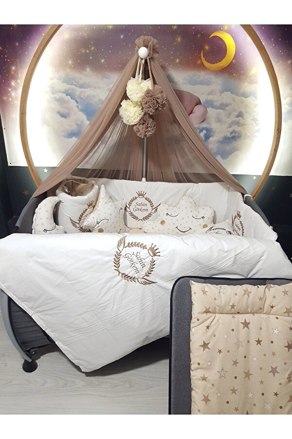 Baby Clime 70x110 Nakışlı Bebek Uyku Seti Isimli - Lüks Cibinlik Ve Aparat - Başak Taç Motifli (KUMAŞI 25)