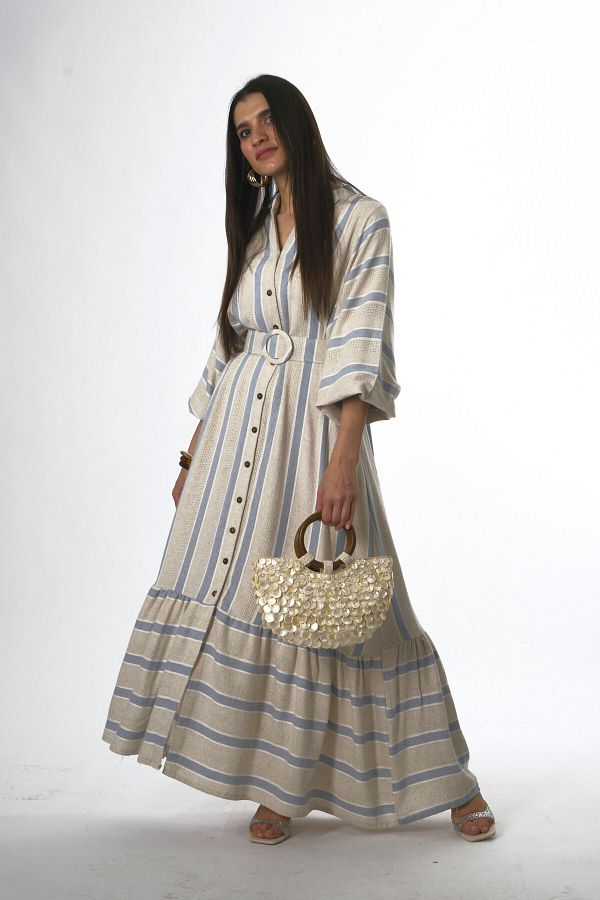 ABBRA-Women's Prevailing Neckline Striped Summer Dress with Belt 1
