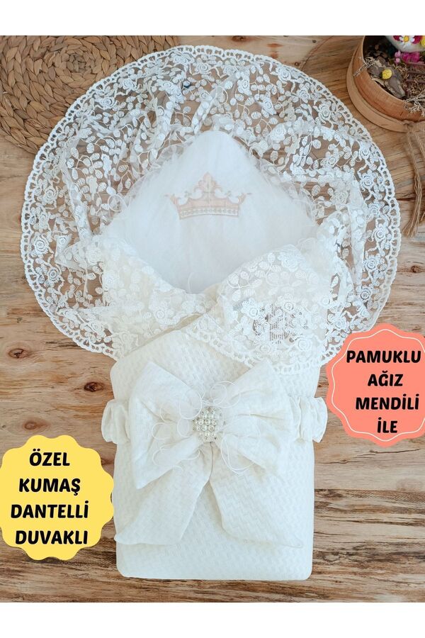 Tomuycuk Ekru Dantelli Kız Erkek Bebek Battaniyesi Kundağı Hediyelik Mevlütlük Hastane Çıkışı Yenidoğan