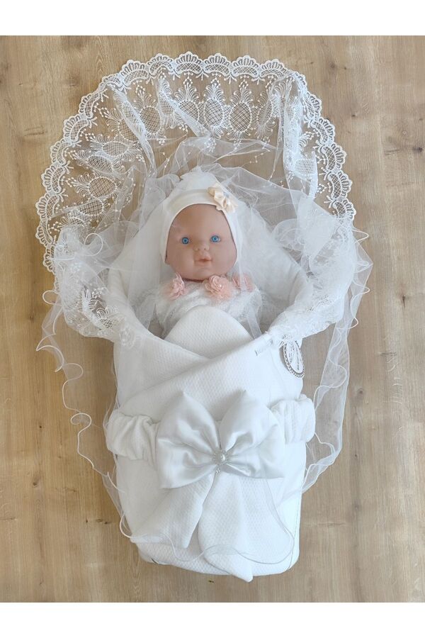 Tomuycuk Ekru Kız Erkek Bebek Battaniyesi Kundağı %100 Pamuklu Dantelli Yenidoğan Hastane Çıkışı Mevlütlük Kn