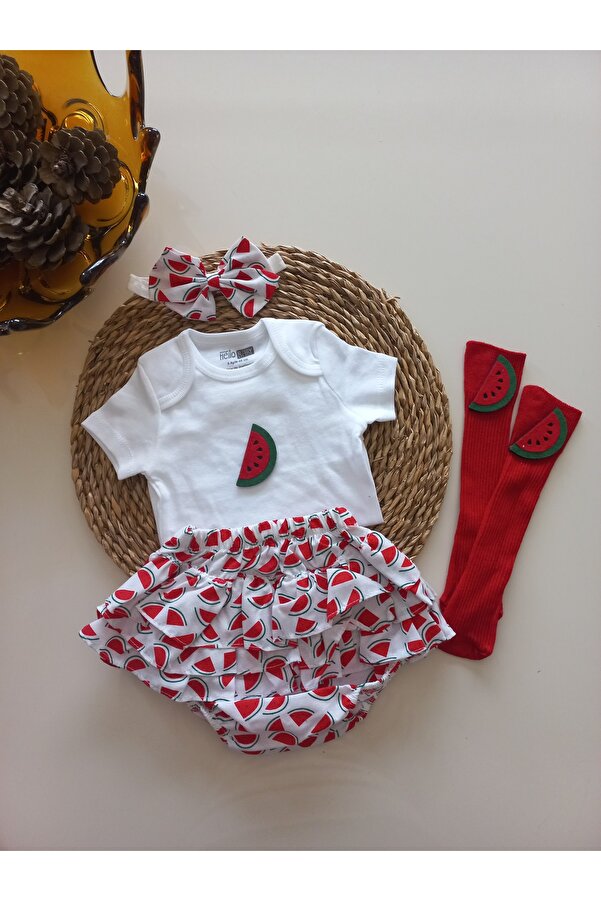 Grande Home Kız Bebek Karpuz Desenli Fırfır Şort Etek Bandana Çorap Takım
