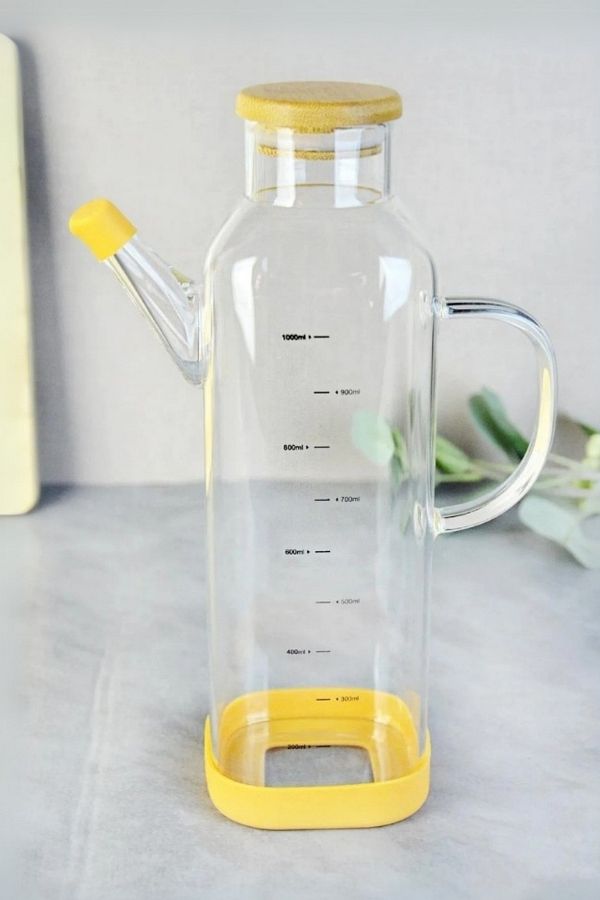 Homerest-1 Liter Oil Pot with Bamboo Lid, Glass Oil Pot with Non-Slip Silicone Base 1