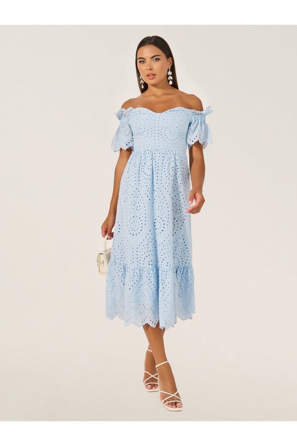 Styli Schiffli Off Shoulder Neck A-Line Midi Dress