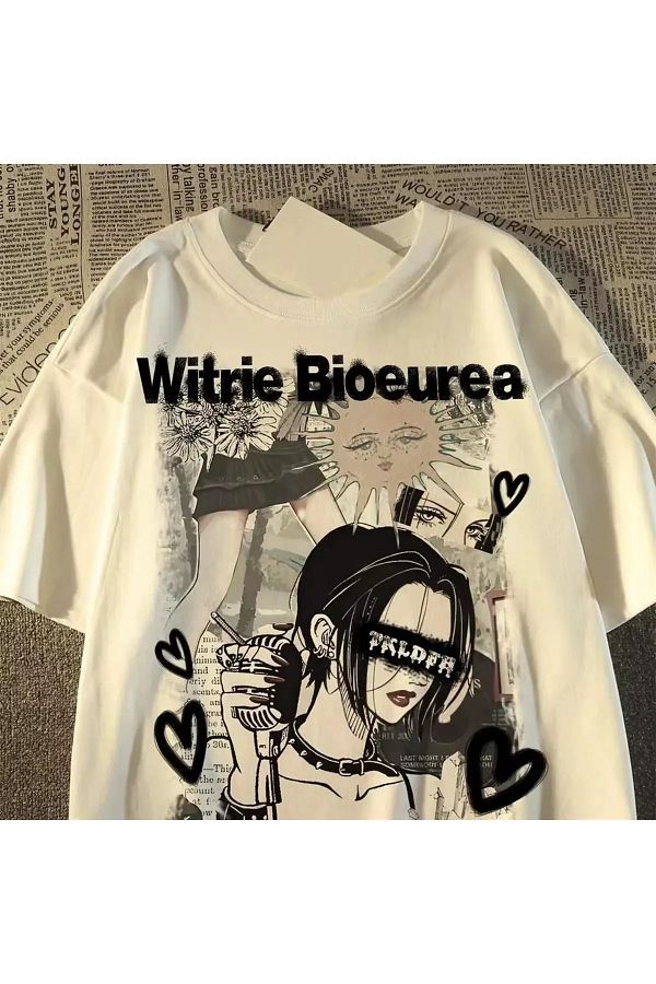 Gofeel-Harajuku Street Wtrie Bioeurea Print Detailed Unisex Short Sleeve T-Shirt 1