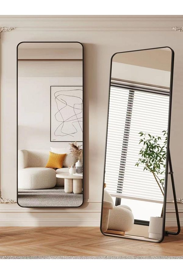 Generic-Modern Rectangular Full Length Mirror with Rounded Corners and Black Metal Frame 176x77cm 1