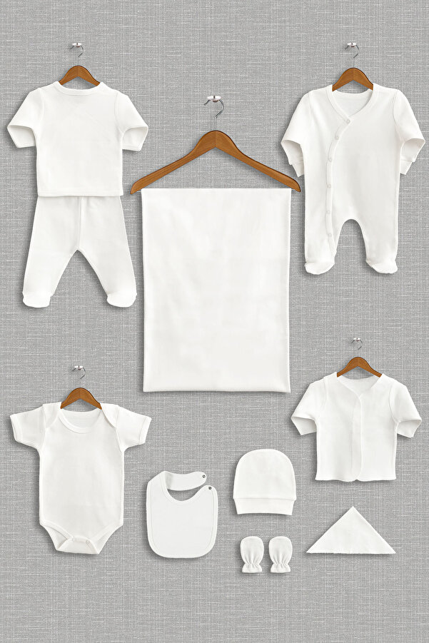 bebeqon 10 Parça Yenidoğan Hastane Çıkış Seti Düz Beyaz Bebek Seti