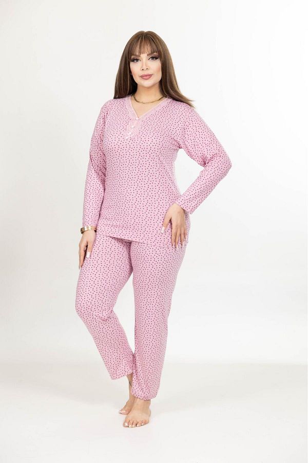 Elit-Women's Large Size Lace Collar Buttoned Long Sleeve Combed Cotton Pink Heart Mother Pajama Set 1