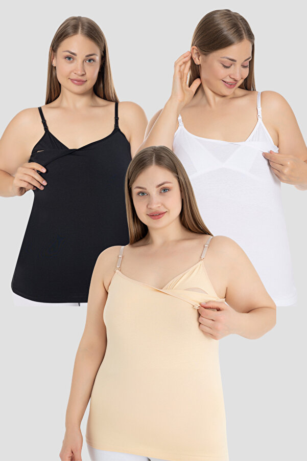 Arma Yıldız 3 Adet Emzirme Atleti Pamuklu Likralı Beyaz Siyah Ten