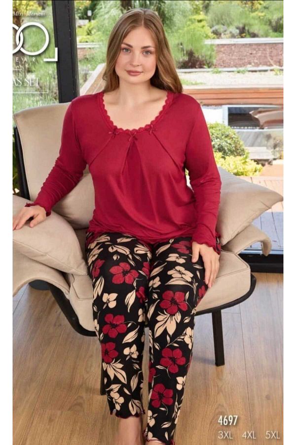 Azra-Women's Large Size Long Sleeve Summer Burgundy Floral Lace Detailed Pajama Set 1