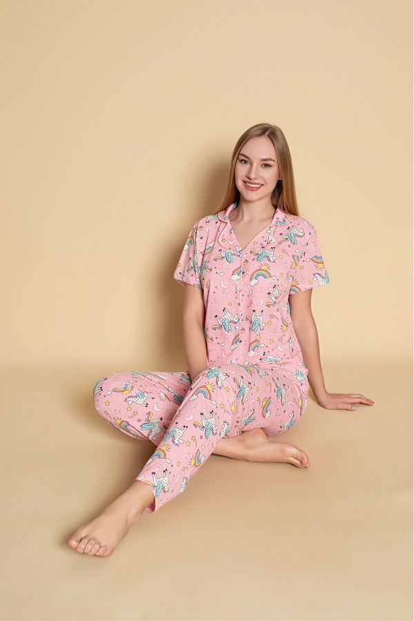 Sude HOMEWEAR-قميص نسائي منقوش بأكمام قصيرة بيجامة عصرية 1