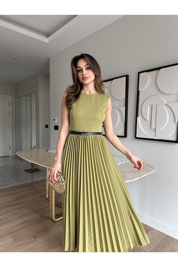Mooi Butik-Vovi̇a Midi Dress 8777 - Oil Green 1
