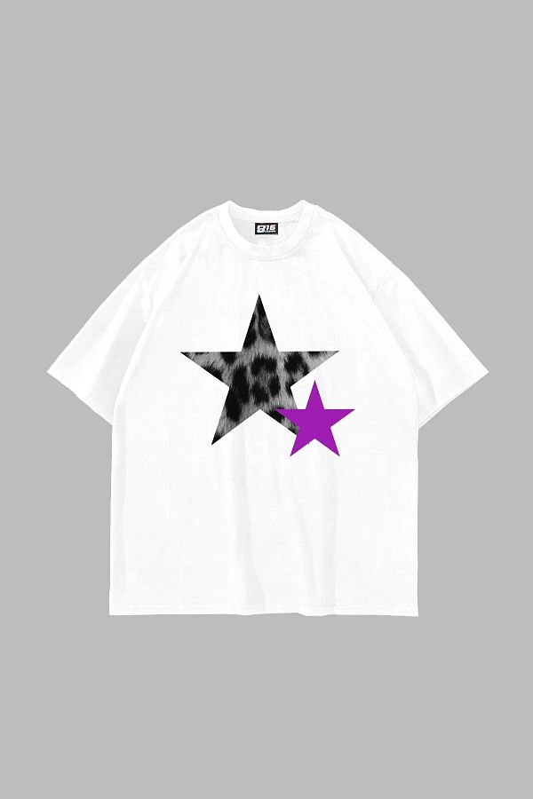Sekizbiraltı-Y2K Leopard Starz "V2" Printed Oversize Unisex White Tshirt 1