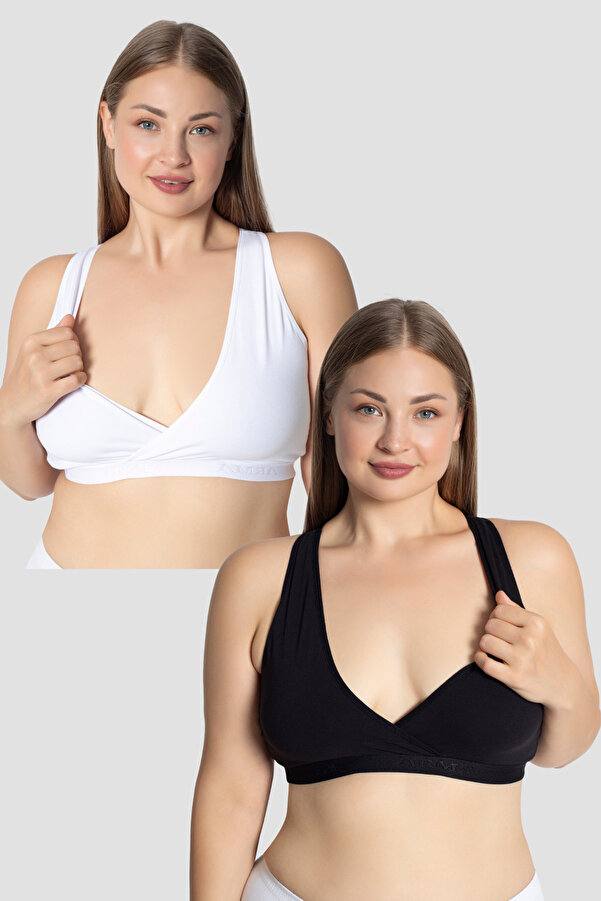 Arma Yıldız Hamile Emzirme Büstiyeri Sporcu 2'li Set Beyaz-Siyah Yarım Atlet