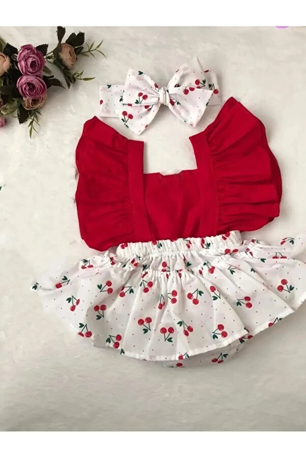 elahobi Kiraz Desen Bebek Salopet Tulum Ve Bandana 2'li Takım