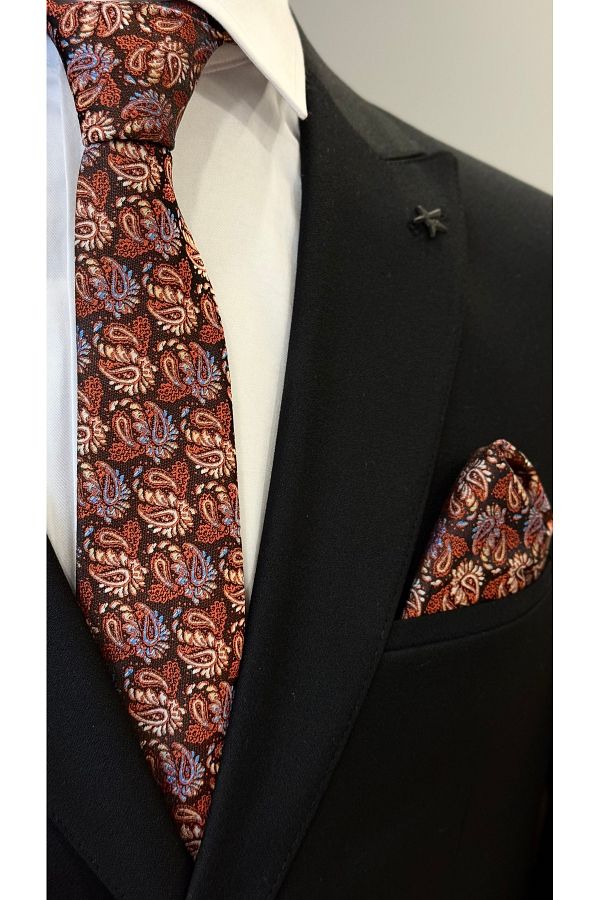 Dearmise-Premium Tie & Handkerchief with Brown Paisley Pattern Gift Box 1