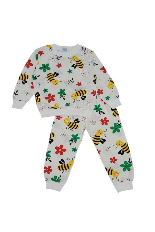 demir kids-Girl's Bee and Flower Printed Seasonal Cotton Ecru Pajama Set 1