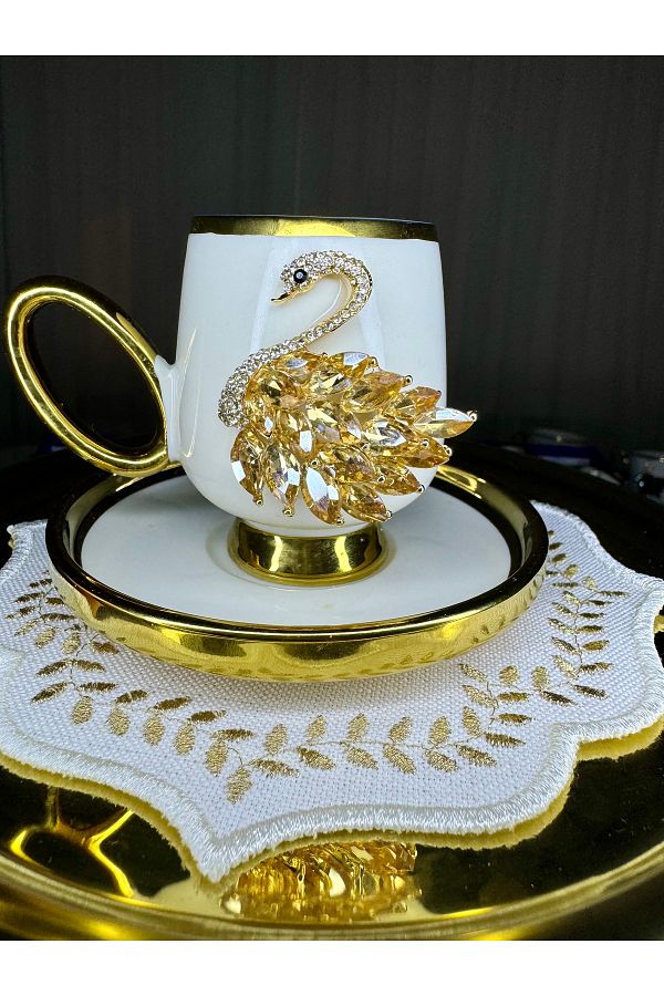 EŞİYOK-Special Design Crystal Stone Gold Swan Decorated Gold Detailed Coffee Cup 1