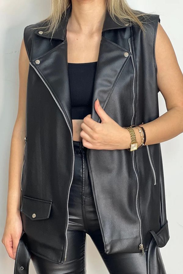 Jaglion-Vestă oversize din piele neagră pentru femei 1