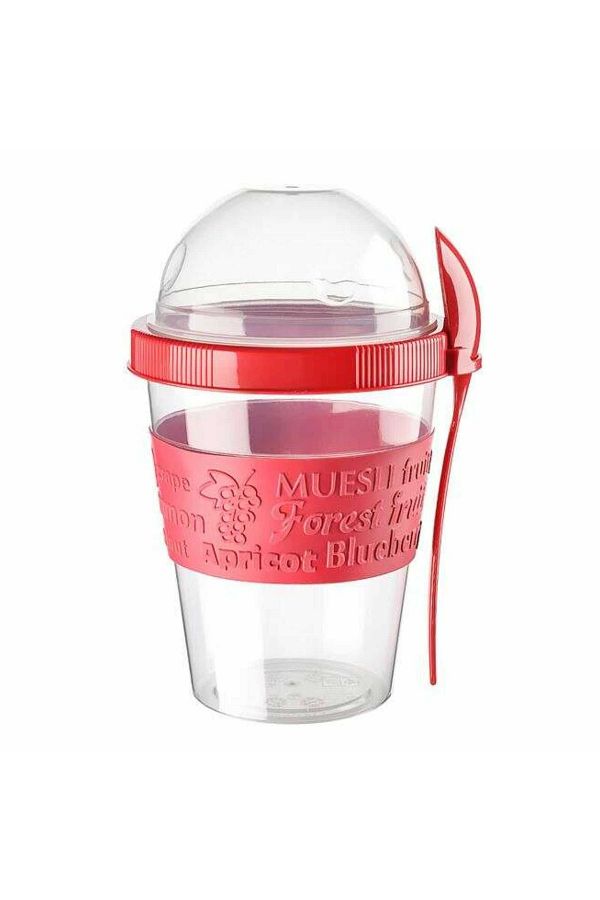 Micostore-Yogurt Cup With Cereal Container And Spoon, 600 Ml, Transparent Container, Red, Take Away 1