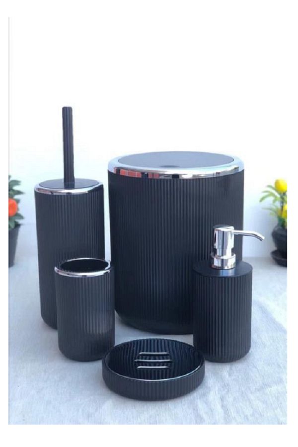 entarzlife-5 Piece Black & Black Bathroom Set Trash Can Toothbrush Holder Soap Dish Brush Holder Set 1