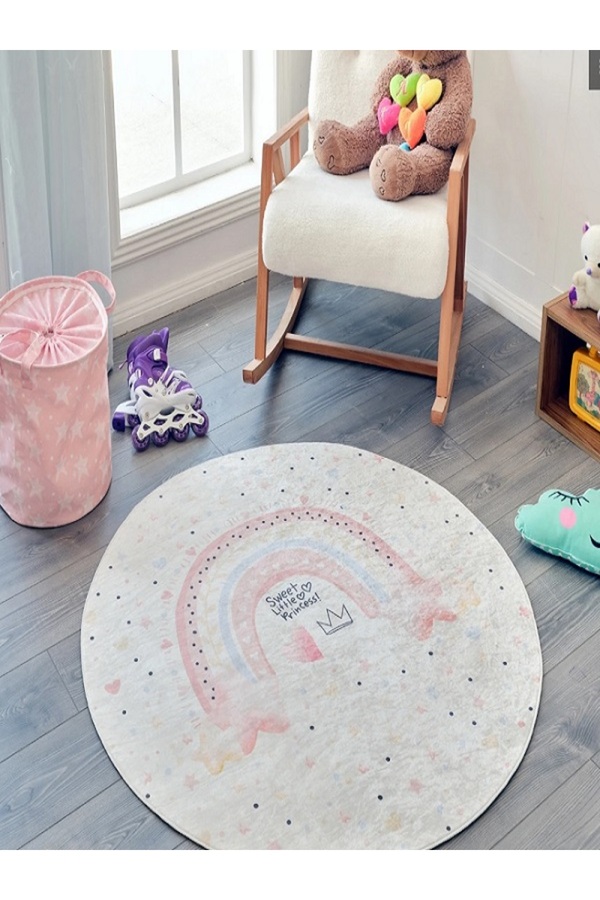 SZK STORE Çocuk Odası Halısı Oyun Matı Makinede Yıkanabilir Kaymaz Taban Leke Tutmaz Yuvarlak 120*120 Gökkuşağ