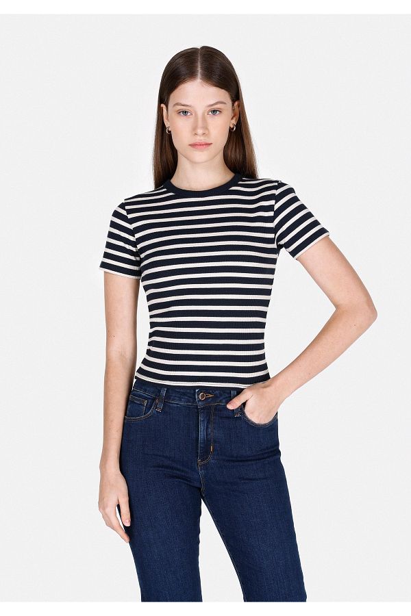 Colin's-Slim Fit Round Neck Striped Women's Navy Blue Short Sleeve T-Shirt 1