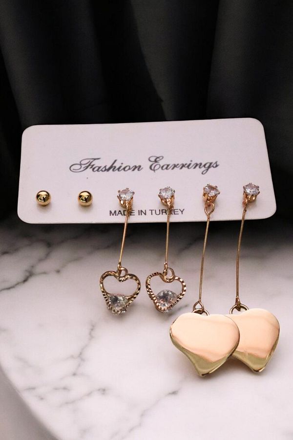 EUROMODA-3-Piece Earring Set with Heart Design Dangle Long Solitaire Earrings 1