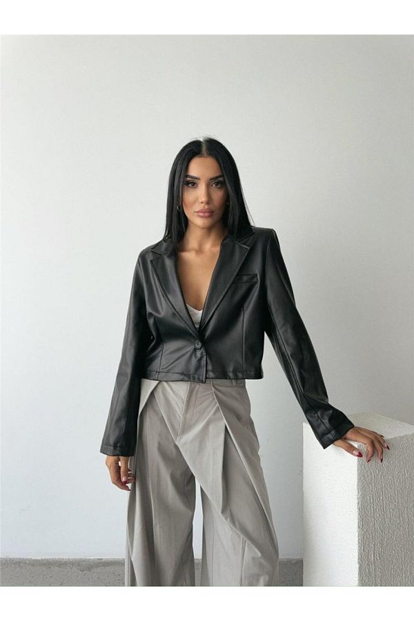 MODAVERA-Leather Crop Jacket Single Button - Black 1