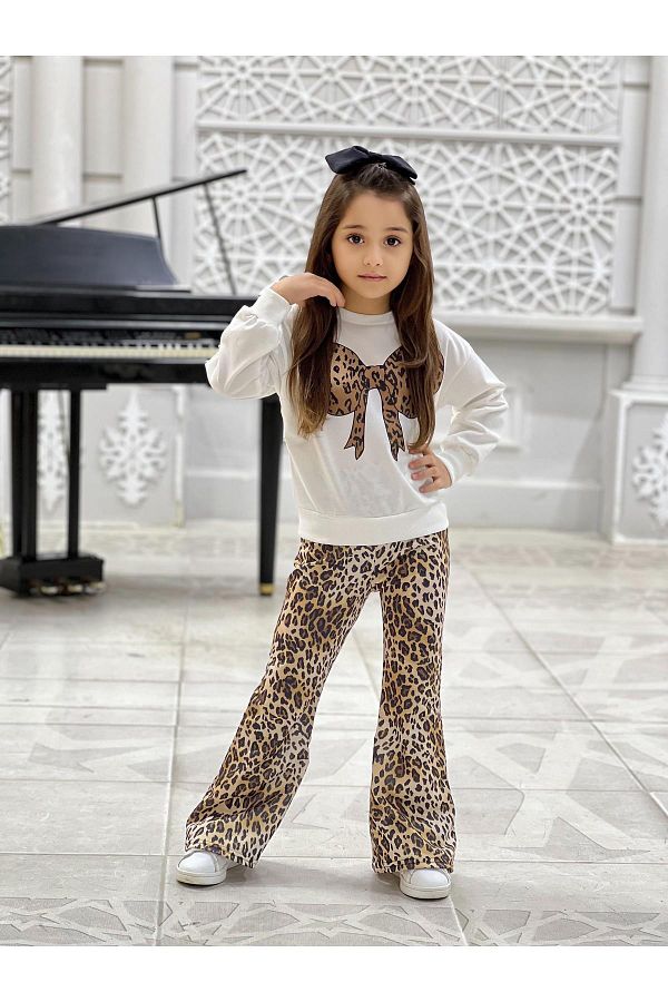 TRENDİMİZBİR-Girl's Leopard Patterned Bow Detailed Soft Textured Casual Style Top and Bottom Set 1