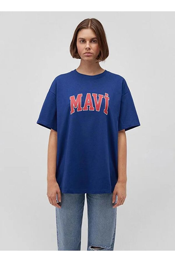 Mavi-One Size Oversize Navy Blue Women T-Shirt 1