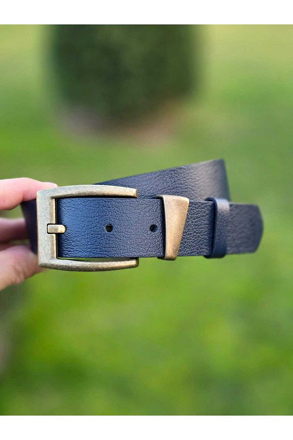 Kemerix-100% Genuine Leather Antique Coated Buckle Navy Blue 3.2 cm Belt 1