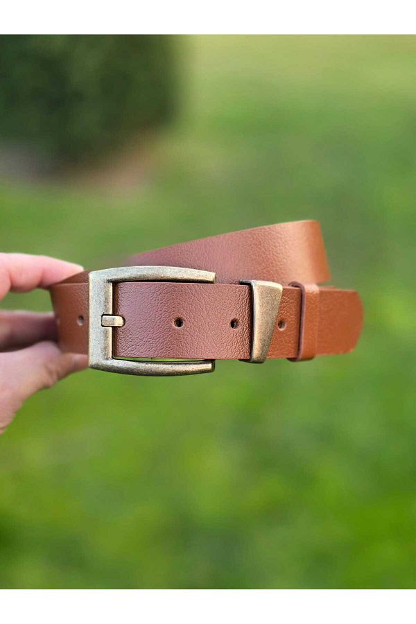 Kemerix-100% Genuine Leather Antique Finish Buckle 3.2cm Tan Belt 1