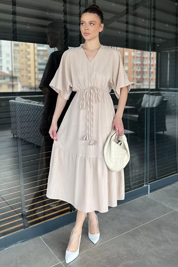 GÜLSELİ-Beige Waist Tie V-Neck Women's Dress 1
