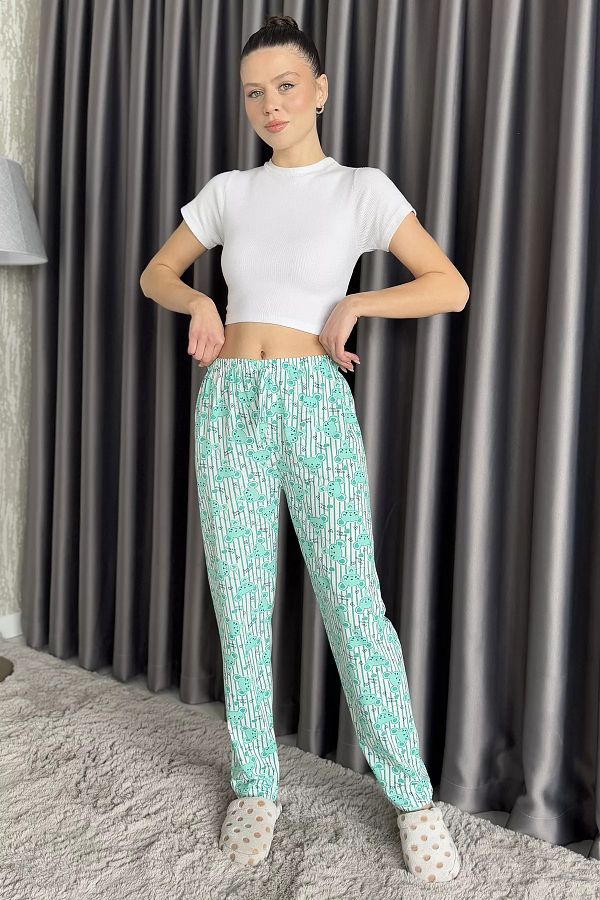 GÜLSELİ-Pantaloni de pijama de damă cu model mentă cu talie elastică 1