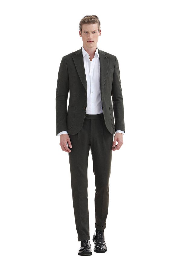Ramsey-بدلة محبوكة من مزيج القطن باللون الكاكي Slim Fit Zeroweight 1