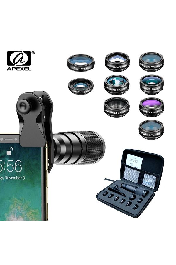 APEXEL-طقم عدسات APEXEL 10 في 1 للهاتف المحمول، عدسة عين السمكة المقربة 22X، عدسة ماكرو بزاوية واسعة + CPL Star 1