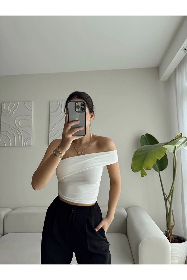 Zoom Butik-Crop cu un singur umăr - ALB 1